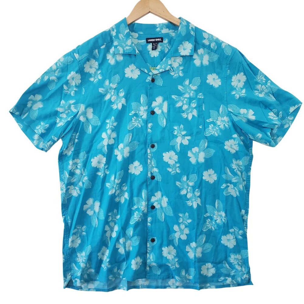 Lands‎ End Floral Button Down Shirt Mens XL Tall Blue Hibiscus Tropical Cotton